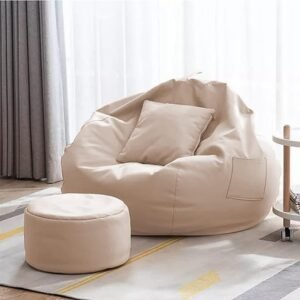 Bean Bag Cover with Footrest and Cushion Faux Leather Bean Bag Chair Couch Cover Seat (4XL, Cream)