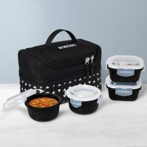Borosil Black Borosilicate Glass Lunchbox with Bag 4 pc Container Set Microwave & Dishwasher Safe