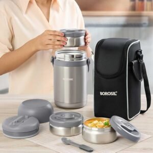 Borosil – Hot-N-Fresh Stainless Steel Insulated Lunch Box, Set of 3