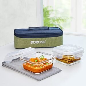 Borosil Lunchbox with Bag 2pc Square Container Set (320ml Each) Borosilicate Glass Tiffin
