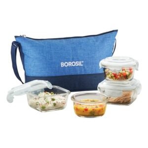 Borosil Lunchbox with Bag 4pc Prime Color Container Set Borosilicate Glass Microwave & Dishwasher Safe