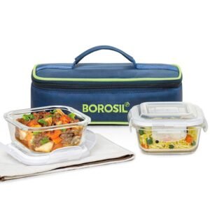 Borosil Lunchbox with Bag Set of 2 Square Container (320ml Each) Borosilicate Glass  Microwave & Dishwasher Safe TiffinBox