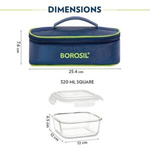 Borosil Lunchbox with Bag Set of 2 Square Container (320ml Each) Borosilicate Glass  Microwave & Dishwasher Safe TiffinBox