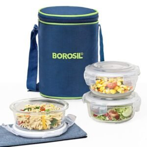 Borosil Lunchbox with Bag Set of 3 (400 ml Each) Borosilicate Glass, Round, Vertical Microwave & Dishwasher Safe