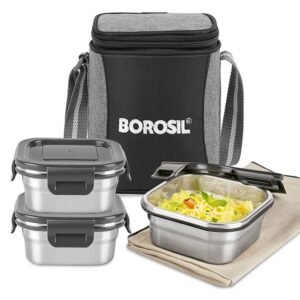 Borosil Stainless Steel Lunch Box with Bag Set of 3 (400 ml Each) Square Tiffin Box for Office, School & College