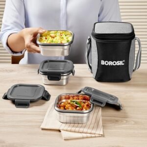 Borosil Stainless Steel Lunch Box with Bag Set of 3 (400 ml Each) Square Tiffin Box for Office, School & College