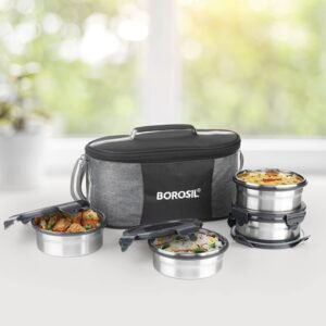 Borosil Stainless Steel Lunch Boxes with Carry Bag, Set of 4 Lunch Boxes for Office & College