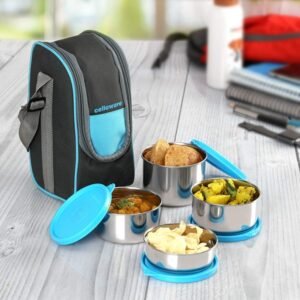 CELLO Steelox Stainless Steel Lunch Box Set of 4 with Bag Blue Tiffin Box with Jacket Leakproof
