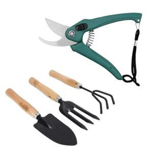 Gardening Tool Set 4 Pcs Pruner Shears, Hand Cultivator, Trowel & Fork with Wooden Handle Farming Equipment & Essential Garden Kit