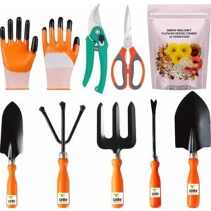 Gardening Tools Kit 9 Pcs (Fork, Cultivator, Trowels, Garden Gloves, Weeder, Pruner Cutter, Garden Scissors