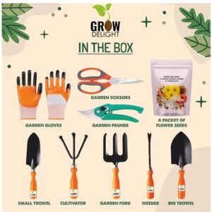 Gardening Tools Kit 9 Pcs (Fork, Cultivator, Trowels, Garden Gloves, Weeder, Pruner Cutter, Garden Scissors