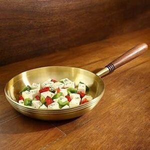 Premium Brass Pital Frying Pan with Wooden Handle for Cooking (1000ml), Brass Cookware 15.5inch)