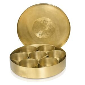 Pure Brass Spice Box Set For Kitchen With Spoon (7 Containers,125 ml Each) with 1 spoon