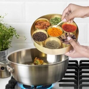 Pure Brass Spice Box Set For Kitchen With Spoon (7 Containers,125 ml Each) with 1 spoon