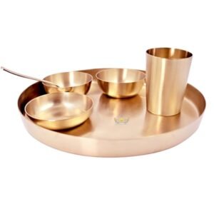 Pure Kansa (Bronze) Dinner Set 6 Pcs KANSA Utensils -1 Thali (Platter) Dai 11 inch,2 Bowl + 1 Sweet Dish,1 Glass(Tumbler),1 Spoon Matte Finished -