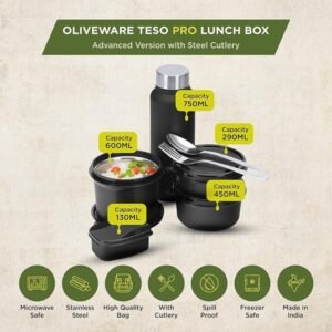 SOPL-OLIVEWARE Teso Pro Lunch Box with Steel Cutlery,3 Microwave Lunch Box Tiffins