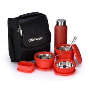 SOPL-OLIVEWARE Teso Pro Lunch Box with Steel Cutlery,3 Microwave Lunch Box Tiffins (Red)