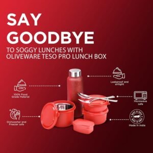 SOPL-OLIVEWARE Teso Pro Lunch Box with Steel Cutlery,3 Microwave Lunch Box Tiffins (Red)