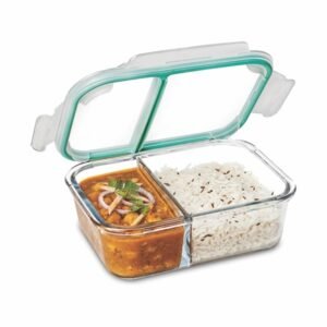 SignoraWare Slim Microwave Safe Office Two Compartment Lunch Box Set Borosilicate Glass Safety Lock Airtight