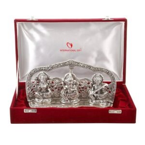 Silver Plated Laxmi Ganesh Saraswati God Idol Statue Oxidized Finish with Beautiful Velvet Box Packing and with Carry Bag