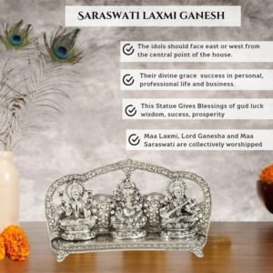 Silver Plated Laxmi Ganesh Saraswati God Idol Statue Oxidized Finish with Beautiful Velvet Box Packing and with Carry Bag
