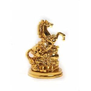 Feng Shui Gold Horse with Uplifted Legs Standing with Wealth Pot Money & Power