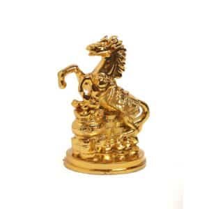 Feng Shui Gold Horse with Uplifted Legs Standing with Wealth Pot Money & Power