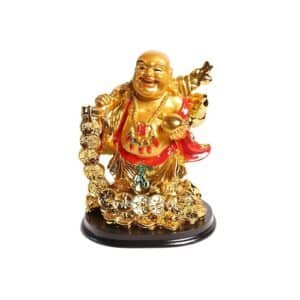 Feng Shui Laughing Buddha with Coin Chain and Wealth Pot in Hand Money Success Good Luck 5 inch