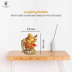 Feng Shui Laughing Buddha with Coin Chain and Wealth Pot in Hand Money Success Good Luck 5 inch