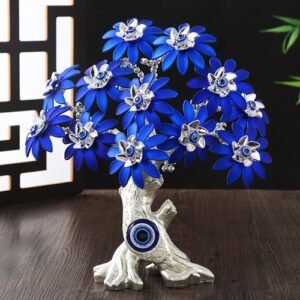 Tree of Life Bonsai - (Silver & Blue, 22Cm) Evil Eye Tree Feng Shui Items for Good Luck Positive Energy