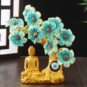 Tree of Life with Buddha Mint Flower (Gold, 25Cm) Evil Eye Tree Feng Shui Items for Good Luck