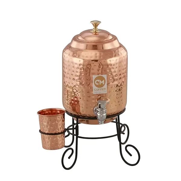 5 Litre Pure Copper Water Dispenser Pot with Stand and 1 Copper Glass Hammered Design, Drinkware & Water Storage Purpose, with Ayurvedic Health Benefits.1