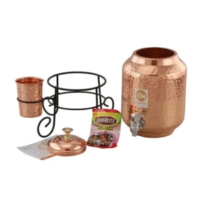 5 Litre Pure Copper Water Dispenser Pot with Stand and 1 Copper Glass Hammered Design, Drinkware & Water Storage Purpose, with Ayurvedic Health Benefits.