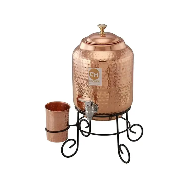 5 Litre Pure Copper Water Dispenser Pot with Stand and 1 Copper Glass Hammered Design, Drinkware & Water Storage Purpose, with Ayurvedic Health Benefits.3