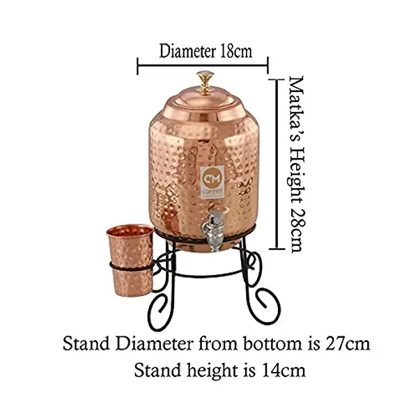 5 Litre Pure Copper Water Dispenser Pot with Stand and 1 Copper Glass Hammered Design, Drinkware & Water Storage Purpose, with Ayurvedic Health Benefits.4