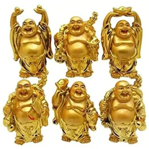 Feng Shui Golden Laughing Buddha Figurine Set for Good Luck Set of 6 PovTaka