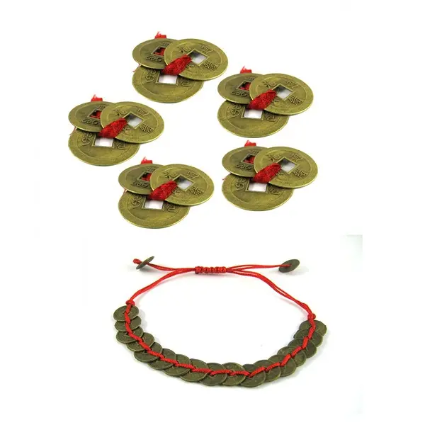 Feng Shui Set of 15 Lucky Coins and 17 Coins Bracelet for Wealth and Achievement PovTaka