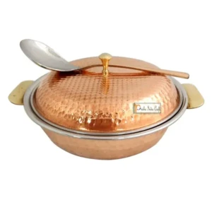Hammered Steel Copper Casserole Donga Bowl/Copper Handi with Lid and Serving Spoon, Tableware & Serveware | 850 ML