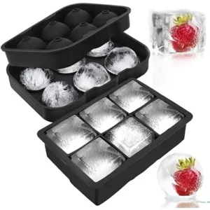 Ice Cube Trays Silicone Ice Cube Tray Big Size Ice Cube Molds for Whiskey & Cocktails, Keep Drinks Chilled, Reusable and BPA Free (Square & Round-Total 2 Pcs)1