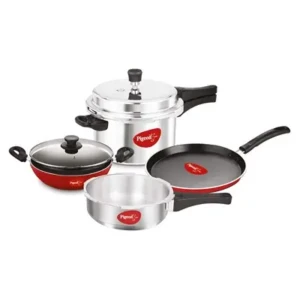 Pigeon Induction Base 4-in-1 Starter Kit, Silver, Aluminium (Pressure Cooker, Pressure Pan, Tawa, and Kadhai Set)