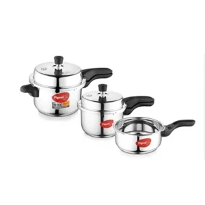 Pigeon Stainless Steel Sandwich Induction Bottom Outer Lid Pressure Cooker Combo (Silver, 2L, 3L and 5L) Pack of 3 Pcs1