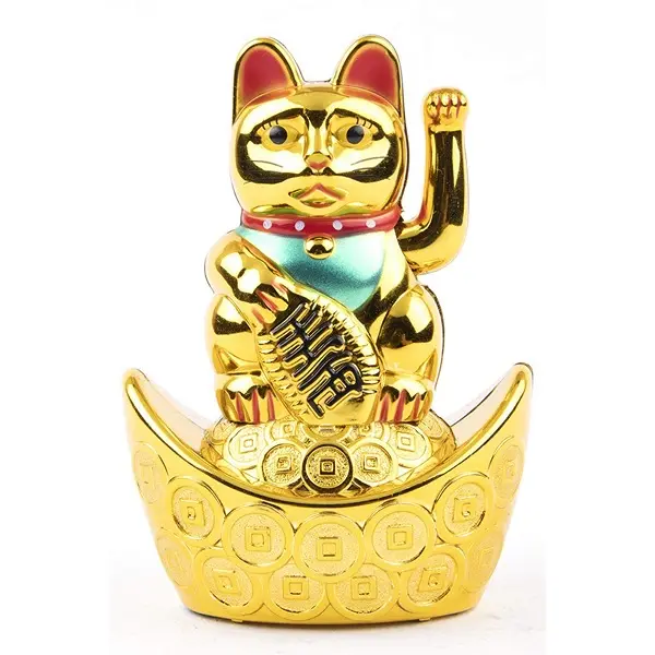 Plastic Feng Shui Vastu Lucky Cat Sitting On Money Ingot Waving Calling Hand 1 PovTaka