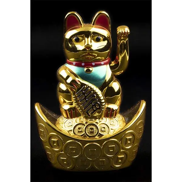 Plastic Feng Shui Vastu Lucky Cat Sitting On Money Ingot Waving Calling Hand 2 PovTaka