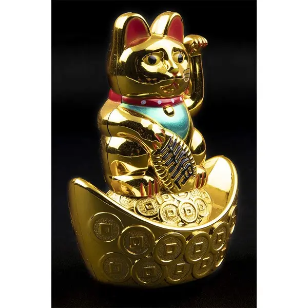 Plastic Feng Shui Vastu Lucky Cat Sitting On Money Ingot Waving Calling Hand 3 PovTaka