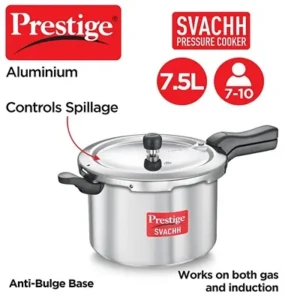 Prestige Svachh Aluminium Pressure Cooker, 7.5 L – Deep Lid for Spillage Control