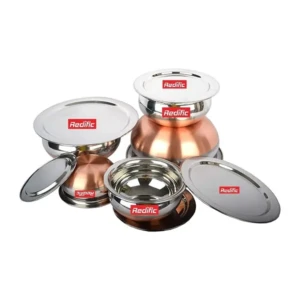 Stainless Steel Copper Bottom Handi, Cooking Serving Bowl, Cookware Set of 5 Pieces with lid Size: 1.600 L, 1.200 L, 0.850 L, 0.650 L, 0.400 L (Copper, Stainless Steel, Non-Stick)
