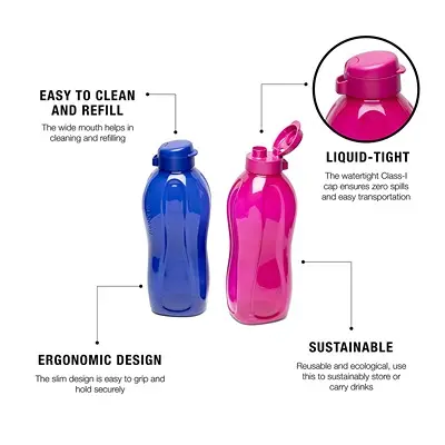 Tupperware Aquasafe Eco Plastic Bottle, 2L, Set of 2, Purple, color may vary2