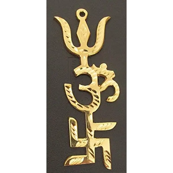 Vastu Brass Swastik Om Trishul Trishakti Yantra Main Door Entrance Home Office Decor Astrology (5 Inch, Gold)1 PovTaka