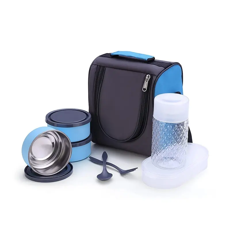 4 in 1 Stainless Steel Lunch Box with Bag 3 Container, 1 Casserole Set with Plastic Bottle and 2 Spoons (sku blue)2