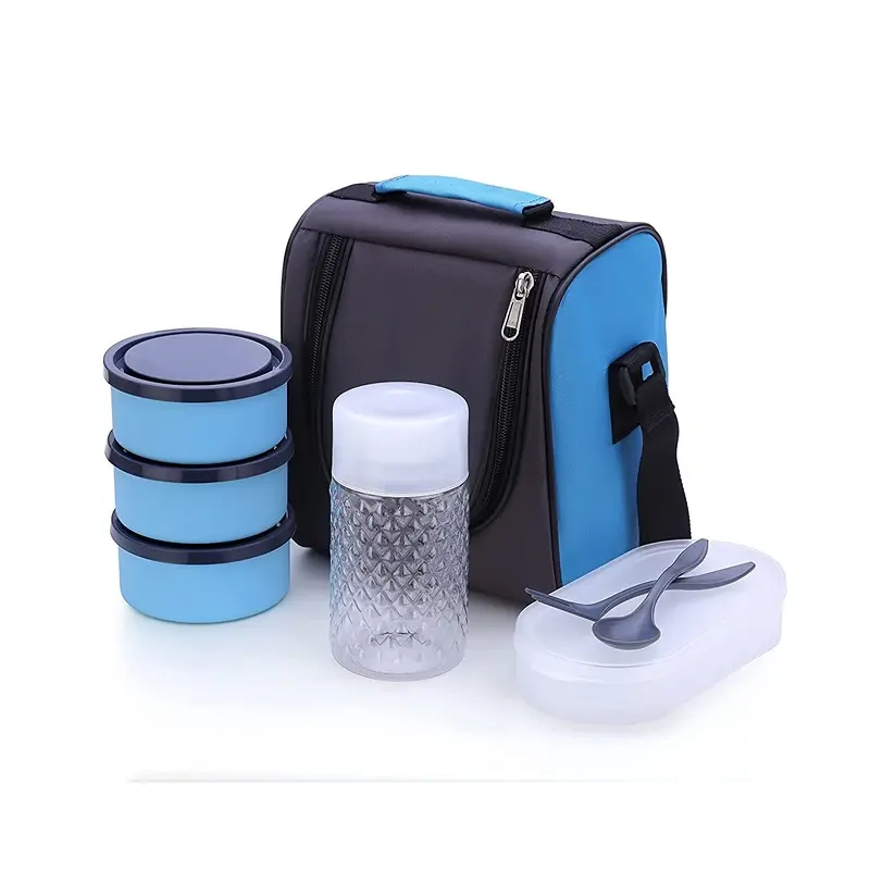 4 in 1 Stainless Steel Lunch Box with Bag 3 Container, 1 Casserole Set with Plastic Bottle and 2 Spoons (sku blue)3